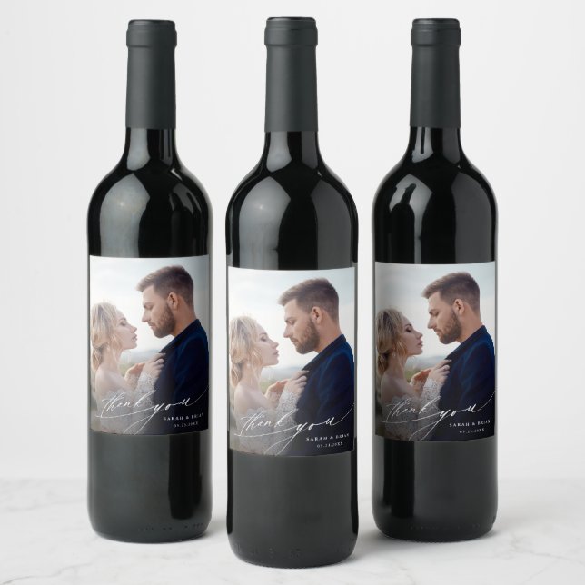 Modern Chic Calligraphy Wedding Thank You Photo Wine Label (Bottles)