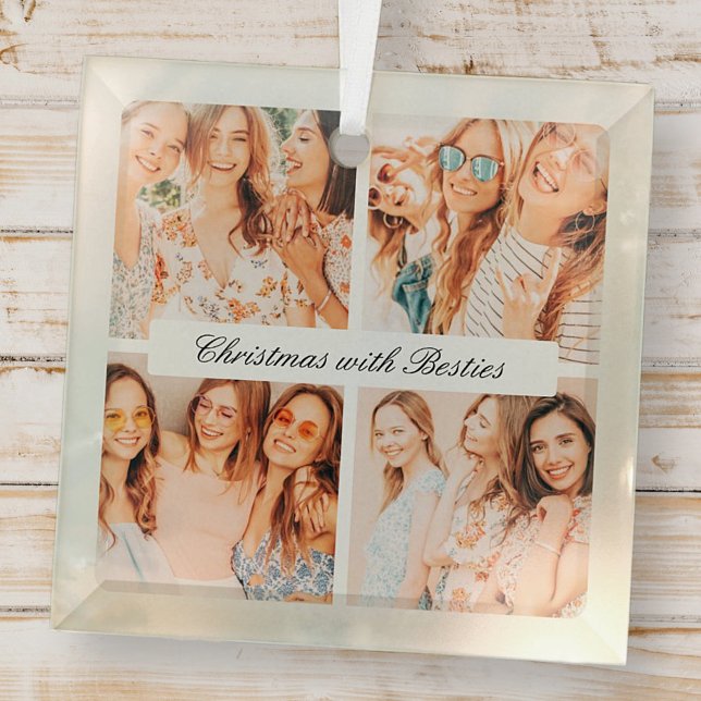 Modern Chic Christmas With Besties 4 Photo Holiday Glass Tree Decoration (Creator Uploaded)