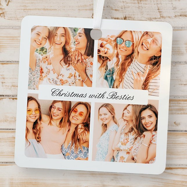 Modern Chic Christmas With Besties 4 Photo Holiday Metal Tree Decoration (Creator Uploaded)