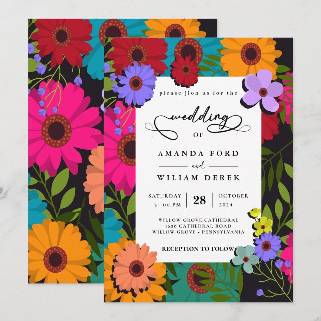 modern chic colourful flower  Rustic Floral Weddin Invitation (Front/Back)