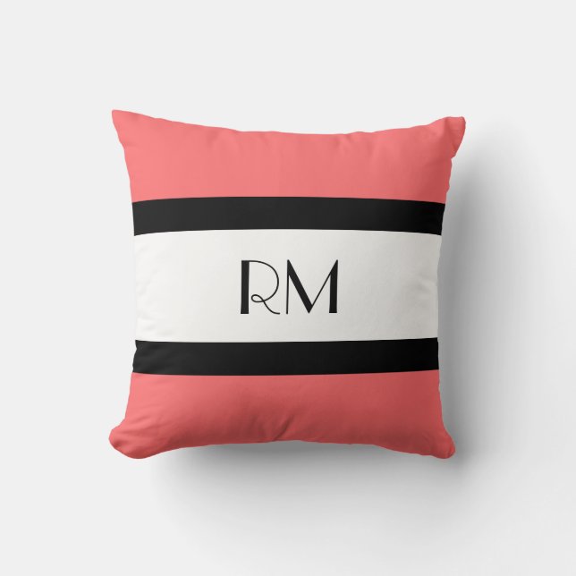 Modern Chic Coral Black White Monogrammed Pillow (Front)