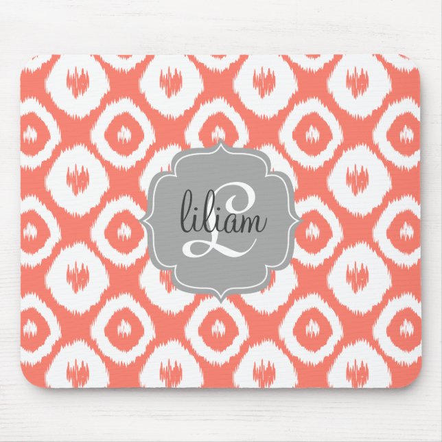 Modern Chic Coral Ikat Diamonds Personalised Mouse Pad (Front)