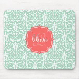 Modern Chic Coral & Mint Green Damask Personalised Mouse Pad