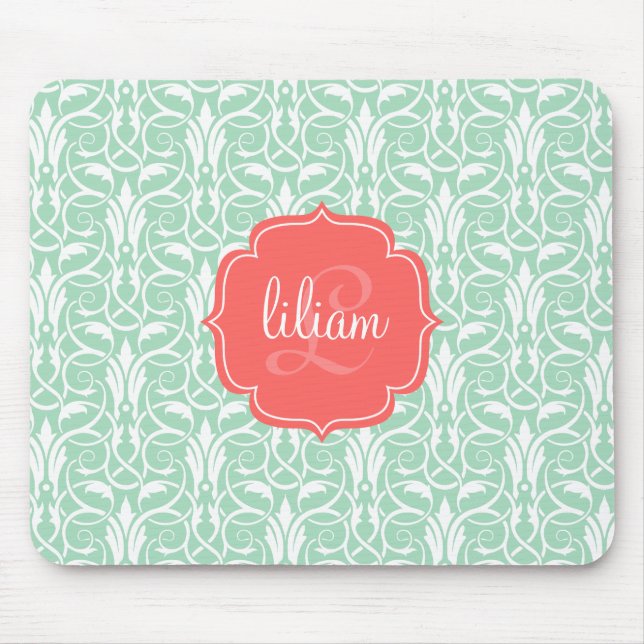 Modern Chic Coral & Mint Green Damask Personalised Mouse Pad (Front)