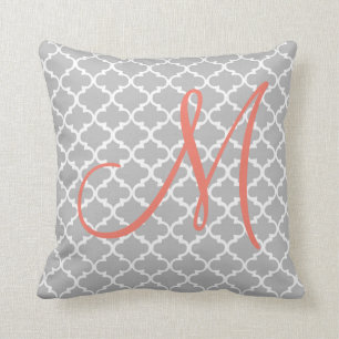 Modern Chic Coral Monogram on Grey Quatrefoil Cushion