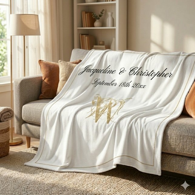 Modern Chic Custom Newlywed Keepsake Monogram Fleece Blanket (Elegant gold monogram with black names and gold border against a gorgeous white fleece blanket.)