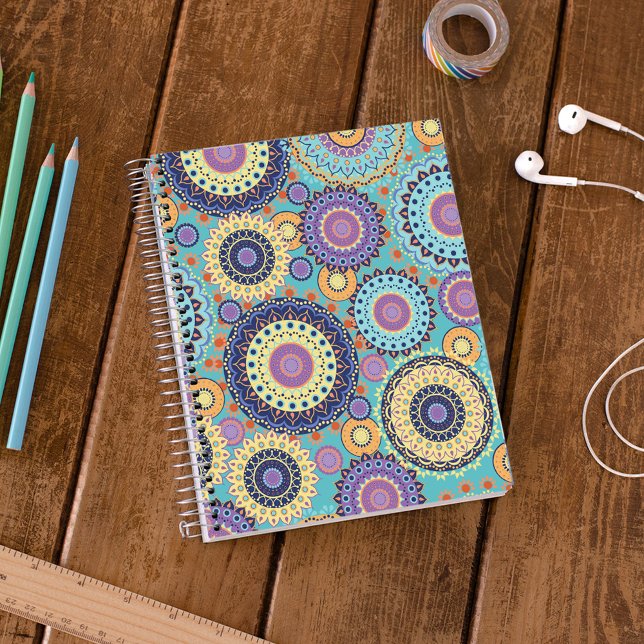 Modern Chic Cute Trendy Colourful Pattern Class Notebook (Colorful mandala geometric spiral notebook with vibrant teal, purple, and boho medallion design.)
