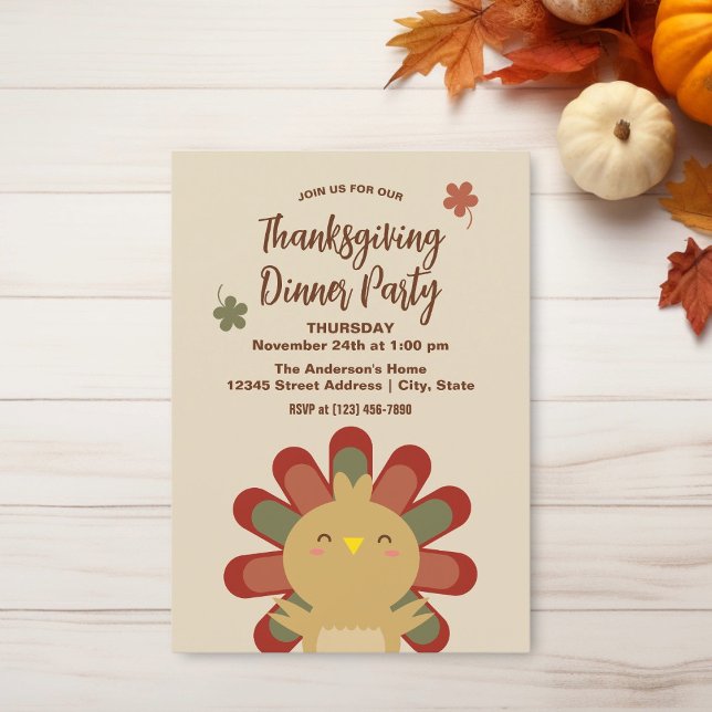 Modern Chic Cute Turkey Thanksgiving Dinner Party Invitation (Creator Uploaded)