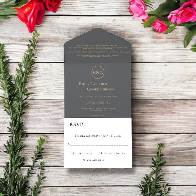 Modern Chic Dark Grey Gold Typography Wedding All In One Invitation (Creator Uploaded)