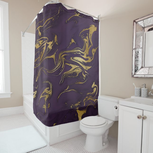 Modern Chic Deep Plum and Marble Shower Curtain (In Situ)