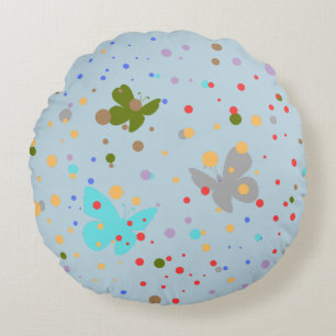 Modern Chic Dots&Butterfly Light Blue  Round Cushion