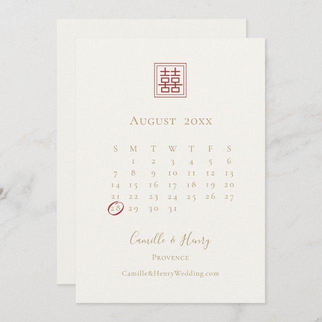 Modern Chic Double Happiness Ivory Gold Wedding   Save The Date (Front/Back)