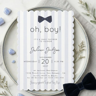 Modern Chic Dusty Blue Oh Boy Bow Baby Shower Invitation
