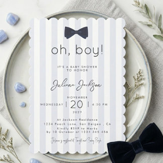 Modern Chic Dusty Blue Oh Boy Bow Baby Shower Invitation