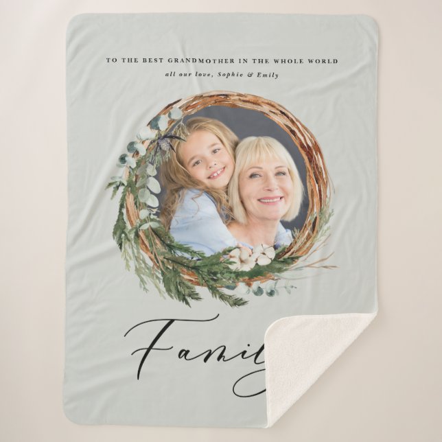 Modern chic elegant leafy wreath photo family sherpa blanket (Front)