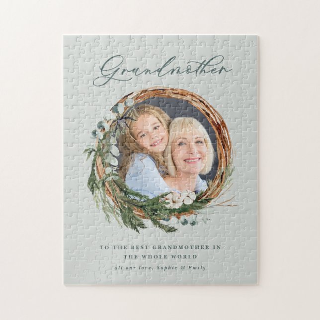 Modern chic elegant leafy wreath photo grandmother jigsaw puzzle (Vertical)