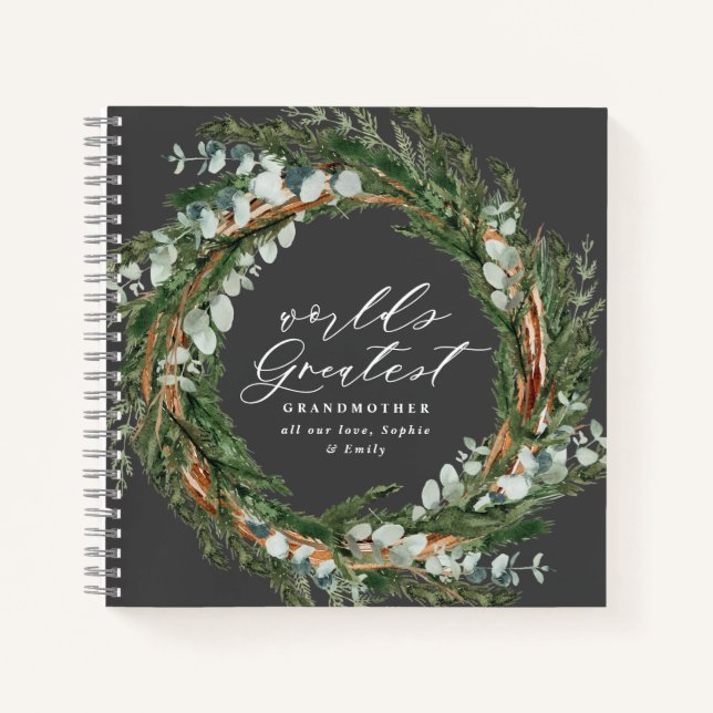 Modern chic elegant leafy wreath photo grandmother notebook (Front)