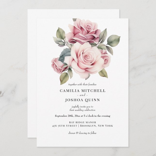 Modern Chic Elegant Romantic Pink Rose Wedding Invitation (Front/Back)