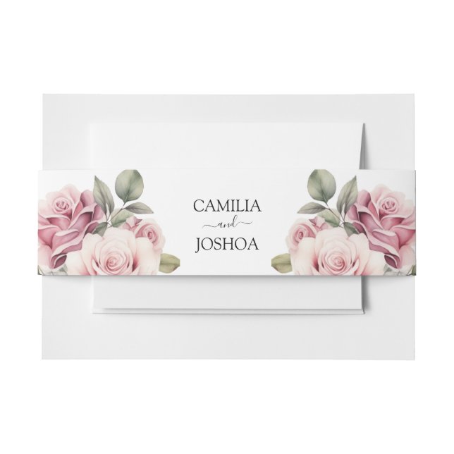 Modern Chic Elegant Romantic Pink Rose Wedding Invitation Belly Band (Front Example)