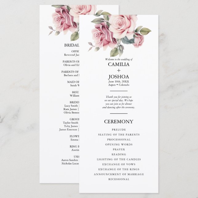 Modern Chic Elegant Romantic Pink Rose Wedding Programme (Front/Back)