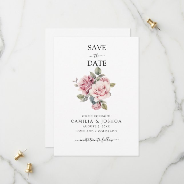 Modern Chic Elegant Romantic Pink Rose Wedding Save The Date (Front/Back In Situ)