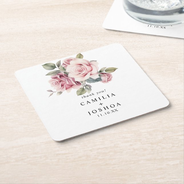 Modern Chic Elegant Romantic Pink Rose Wedding Square Paper Coaster (Angled)