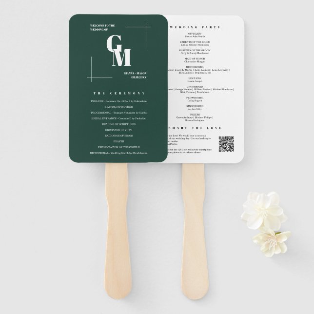 Modern Chic Emerald Green Minimal Wedding Program Hand Fan (Front and Back)