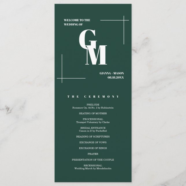 Modern Chic Emerald Green Monogram QR Code Wedding Programme (Front)