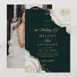 Modern Chic Emerald Green White Rose Wedding  Invitation