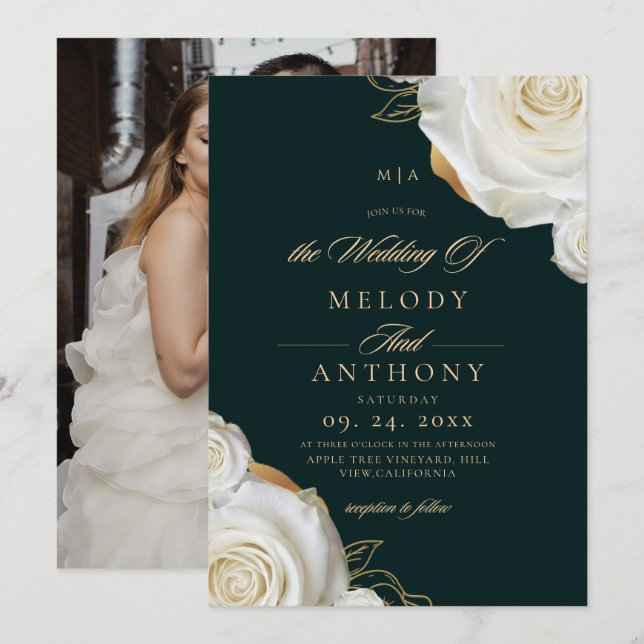 Modern Chic Emerald Green White Rose Wedding  Invitation (Front/Back)