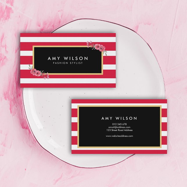 Modern Chic Fashion Stylist Pink Stripes Floral Business Card (Creator Uploaded)
