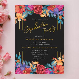 Modern Chic Fiesta Floral Graduation Party Black Invitation