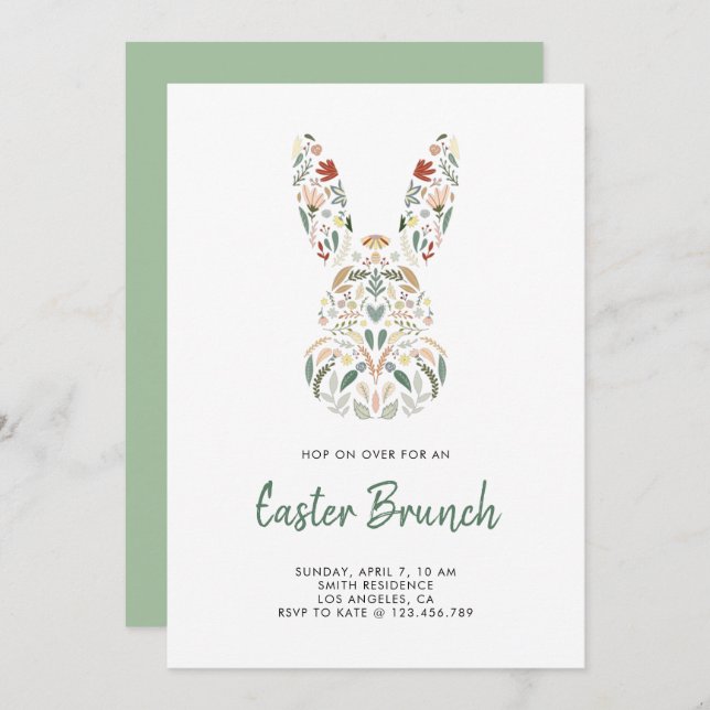 Modern Chic Floral Bunny Easter Brunch Invitation (Front/Back)