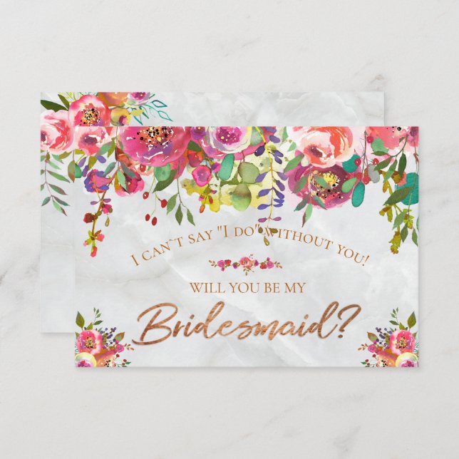 Modern Chic Floral Copper Foil Marble Bridesmaid Invitation (Front/Back)