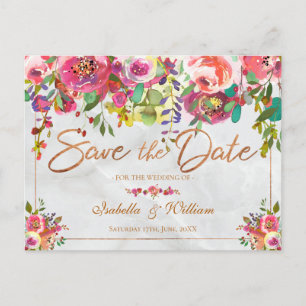 Modern Chic Floral Copper Marble Save the Date Announcement Postcard