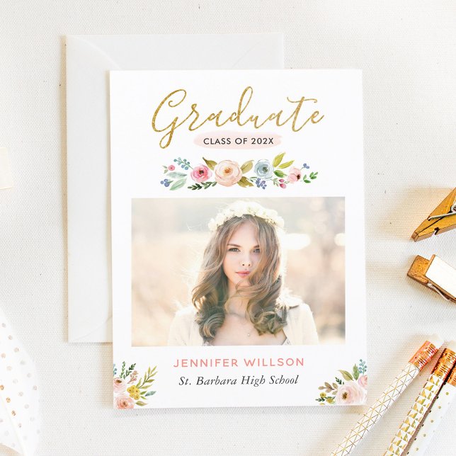 Modern Chic Floral Gold Graduate Graduation Party Invitation (Creator Uploaded)