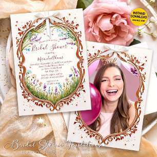 Modern Chic Frame Wild Flowers Photo Bridal Shower Invitation