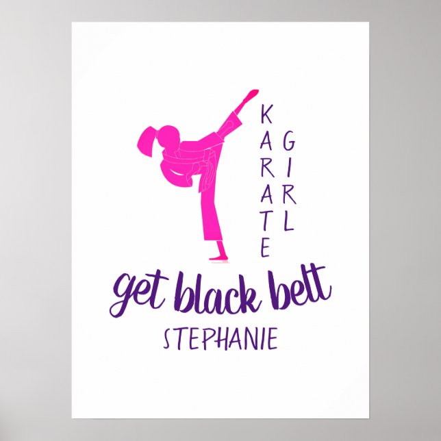 Modern Chic Girly Pink Karate Silhouette with Name Poster (Front)
