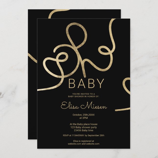 Modern chic gold black calligraphy Oh baby shower Invitation (Front/Back)