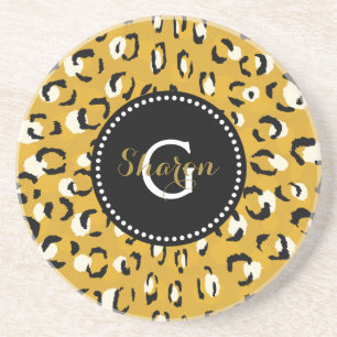 Modern chic gold cheetah print pattern monogram coaster