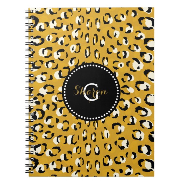 Modern chic gold cheetah print pattern monogram spiral notebook (Front)