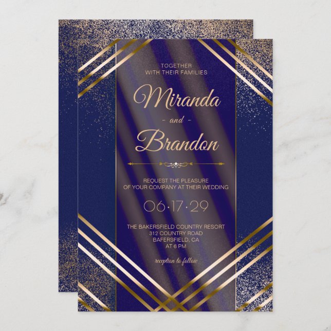 Modern Chic Gold Confetti Navy Blue Wedding Invitation (Front/Back)