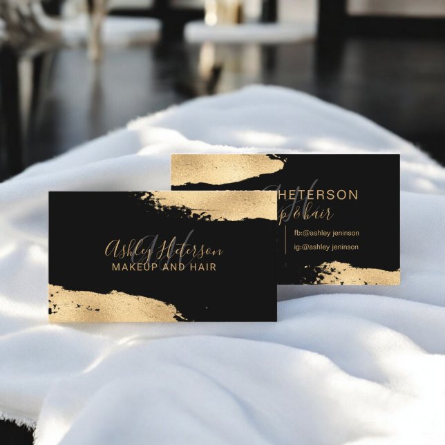 Modern chic gold foil brushstroke makeup monogram business card (Modern chic gold foil brushstroke makeup monogram business card)