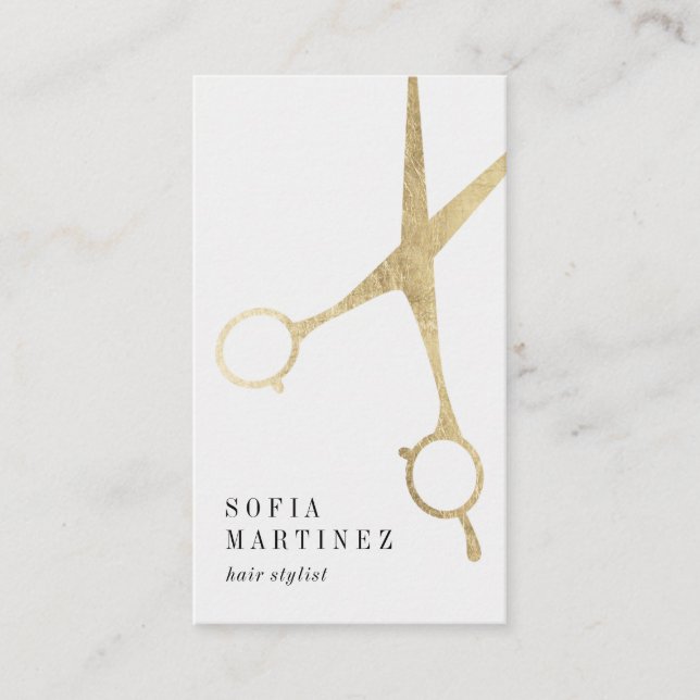 Modern chic gold foil hair stylist scissors logo business card (Front)
