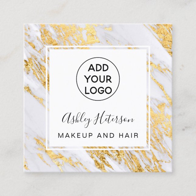 Modern chic gold foil marble logo hair makeup square business card (Front)