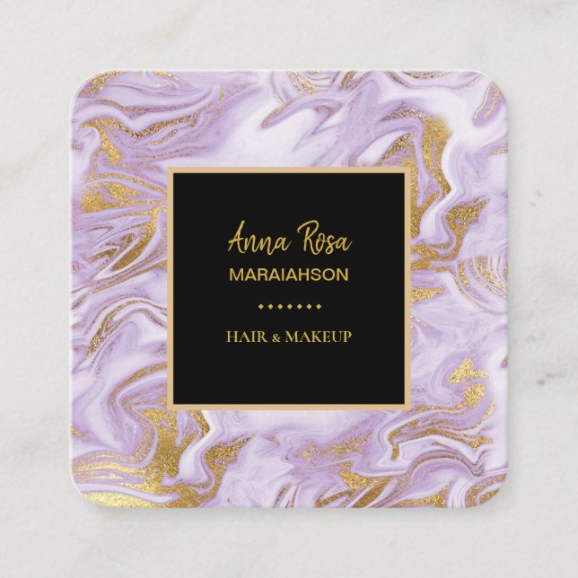 *~*  Modern Chic Gold Foil Veins Lavender Marble Square Business Card (Front)