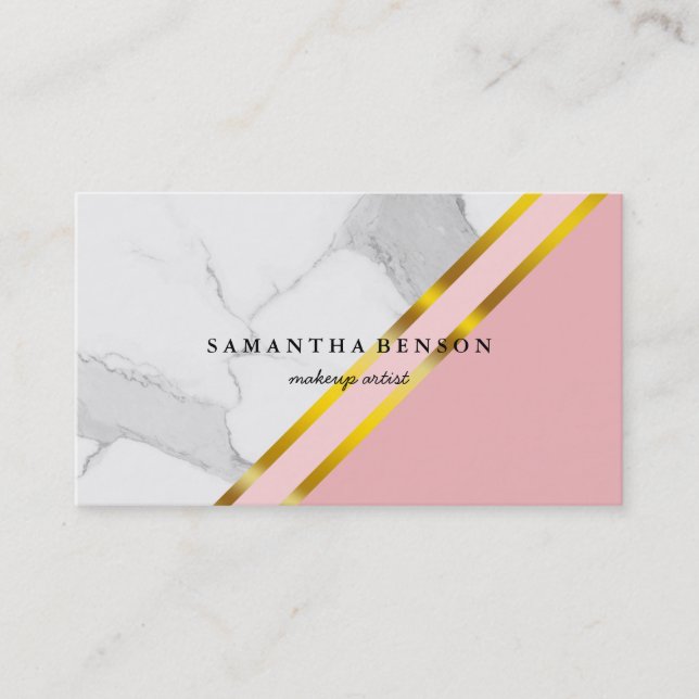 Modern chic gold geometric white marble business card (Front)
