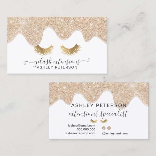 Modern chic gold glitter drips white eyelash business card (Front/Back)
