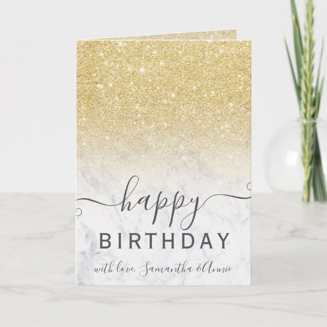 Modern chic gold glitter marble 2 photo birthday card (Front)