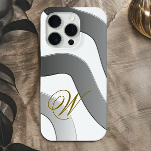 Modern chic gold monogram abstract white grey line iPhone 15 pro case